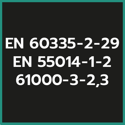 EN 60335-2-29 / EN 55014-1,2 / EN 61000-3-2,3