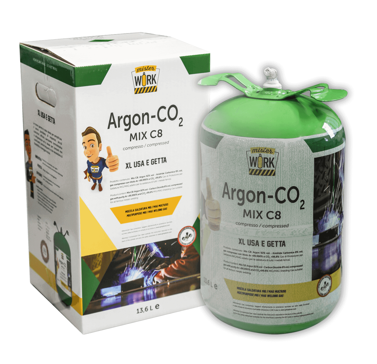 Gas cylinder Argon / CO2 mixture disposable 14 liters 60 bar C8 weldin